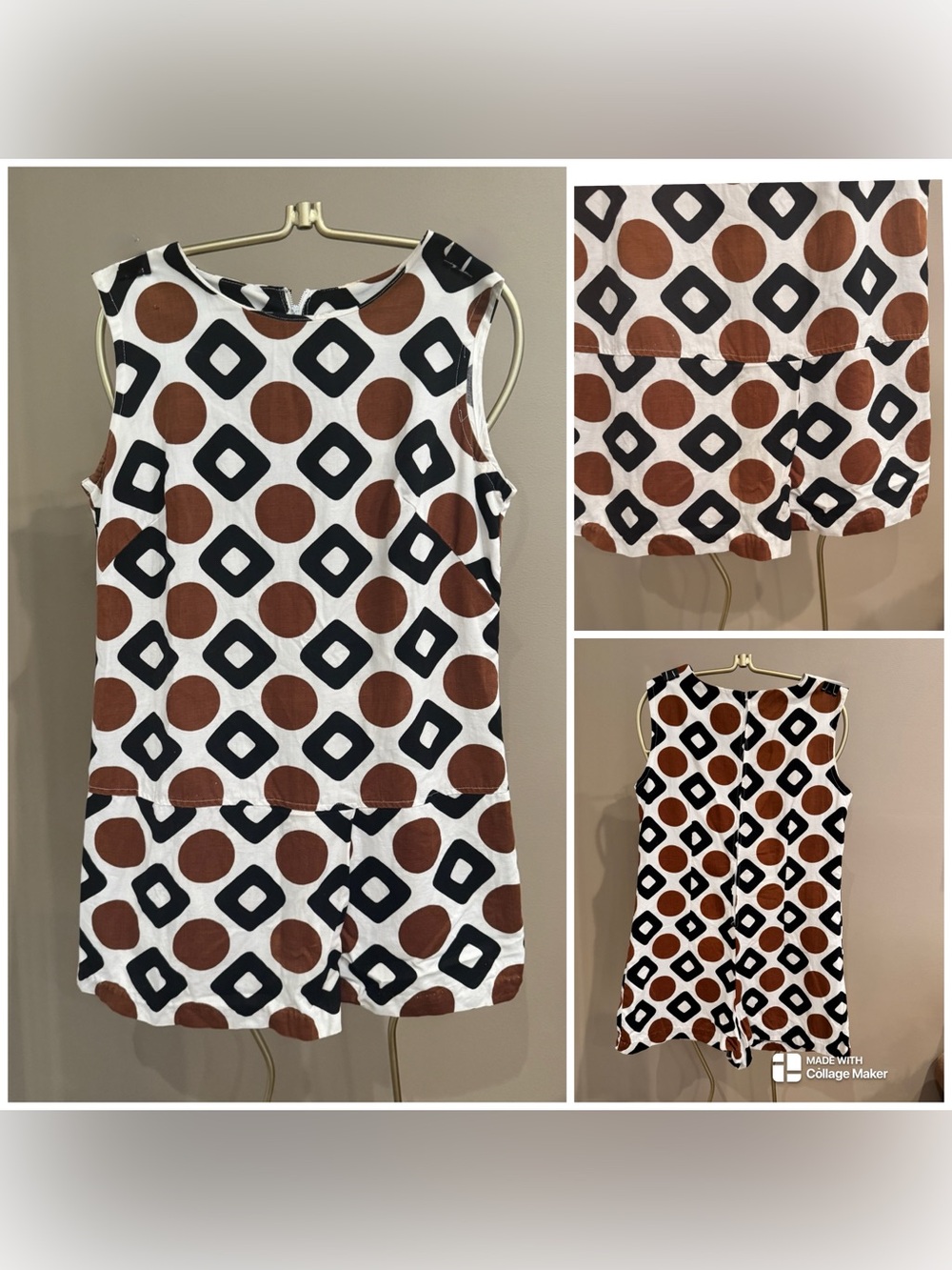 Vintage Mod Dela Ann Creations bold geometric pattern in brown and black romper